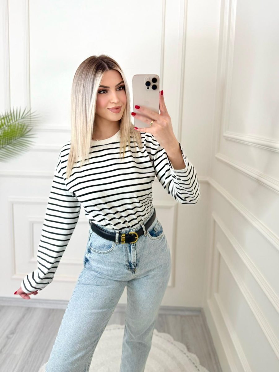 Ekru Siyah Çizgili Marka Model İnce Sweat - Görsel 3
