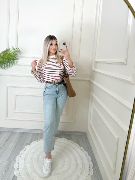 Ekru Bordo Çizgili Marka Model İnce Sweat