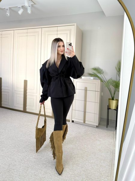 Siyah Maribo Vatkalı Kuşaklı Ceket